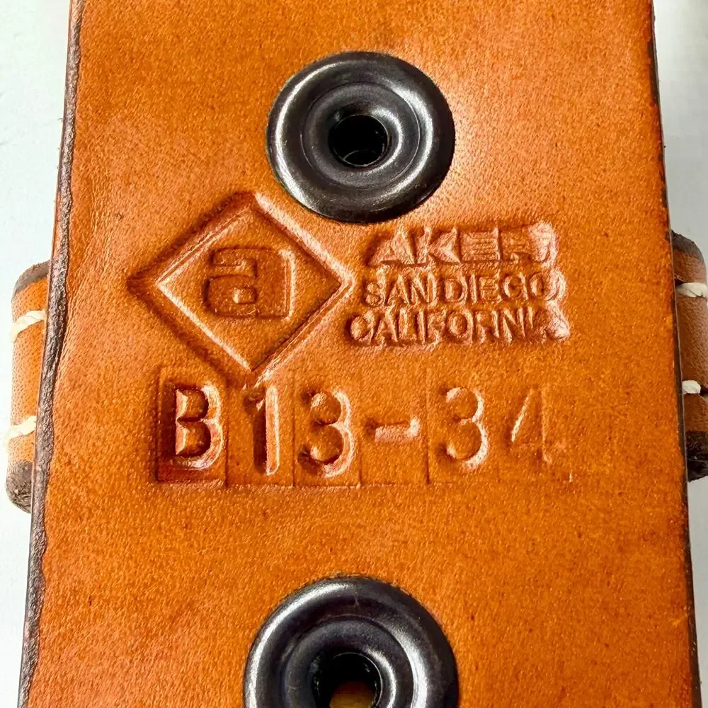 Aker Leather Belt San Diego CA Tan Fancy Stitched Brass Buckle Size 34 Western